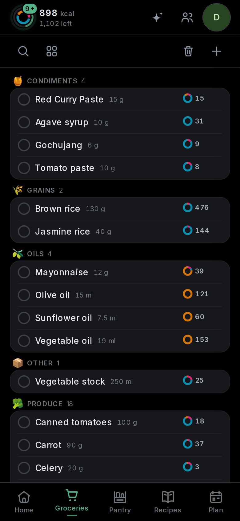 The ShredPlate app: the grocery list made from the plan