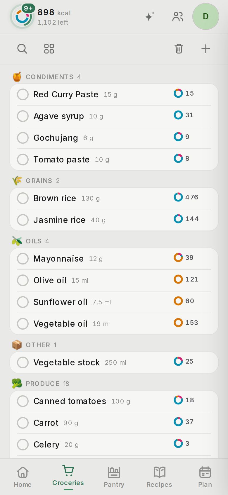 The ShredPlate app: the grocery list made from the plan